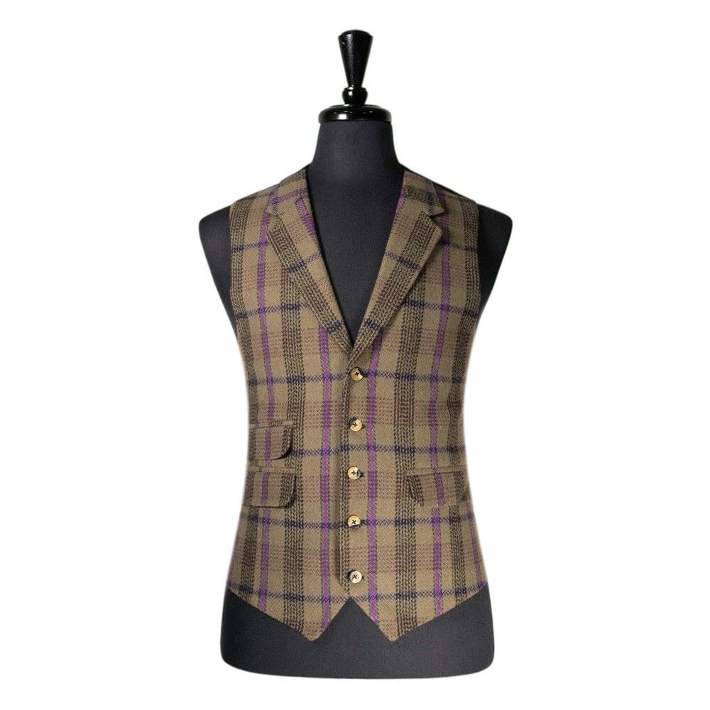 Mens 42R Wool Vest Brown Purple Plaid Waistcoat Formal Wedding Preppy Casual